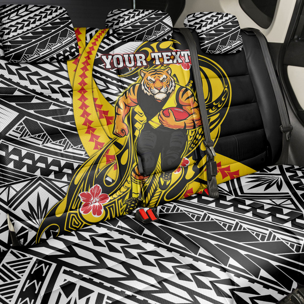 Personalized Richmond Tigers Back Car Seat Cover Polynesian Tribal Tiger Mascot With Hibiscus Floral Art