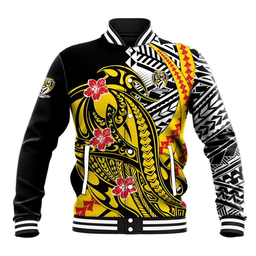 Personalized Richmond Tigers Baseball Jacket Polynesian Tribal Tiger Mascot With Hibiscus Floral Art