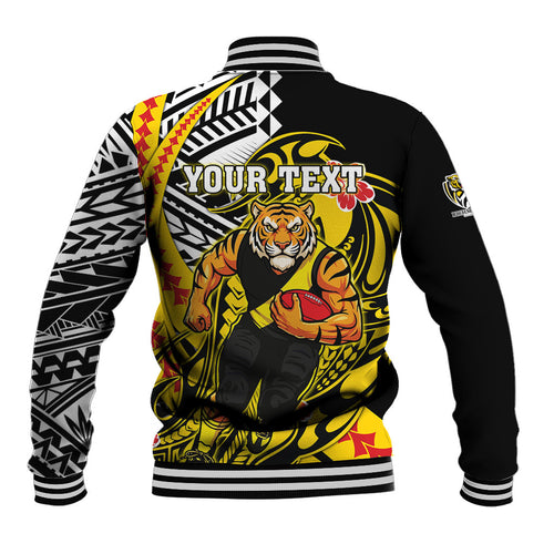 Personalized Richmond Tigers Baseball Jacket Polynesian Tribal Tiger Mascot With Hibiscus Floral Art