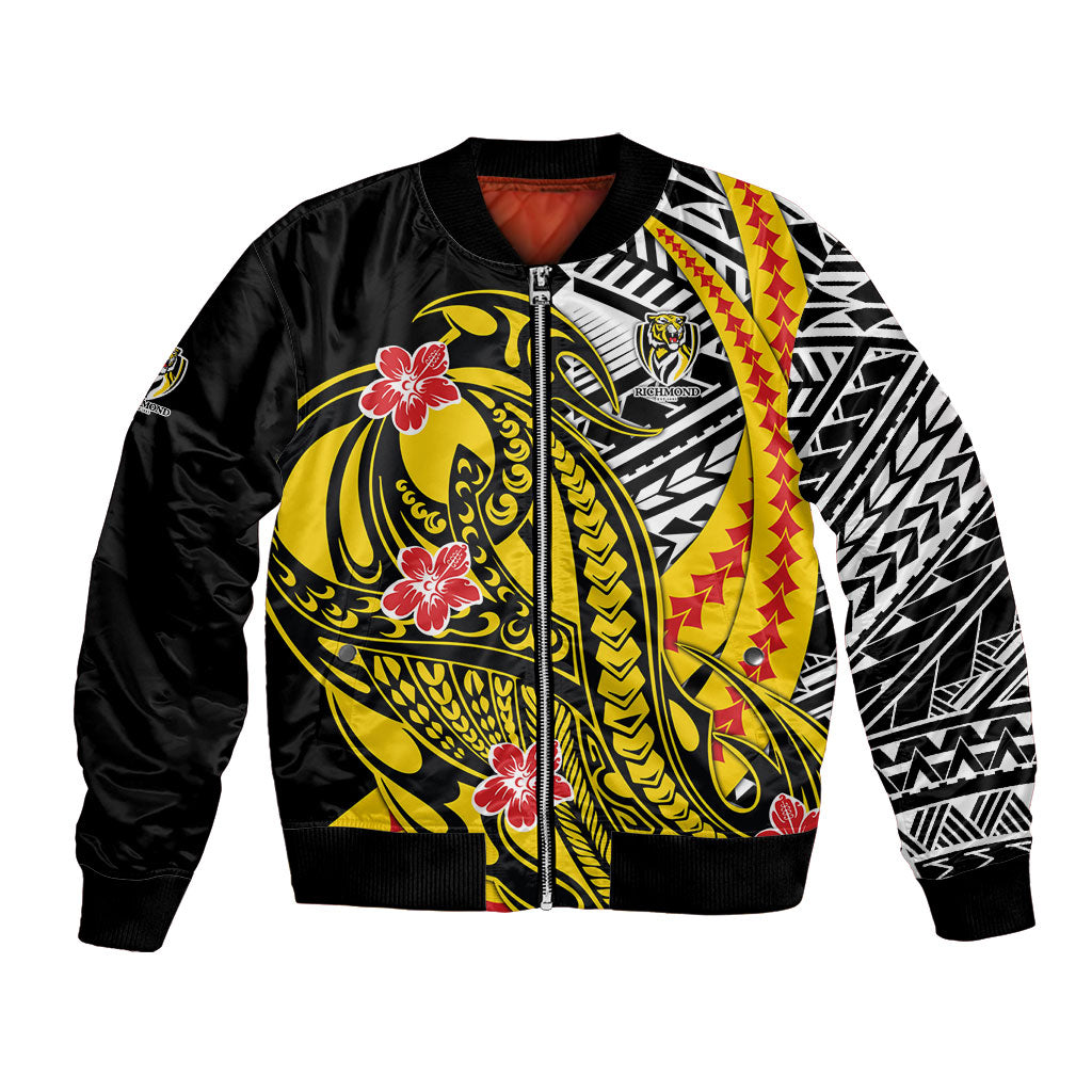 Personalized Richmond Tigers Bomber Jacket Polynesian Tribal Tiger Mascot With Hibiscus Floral Art