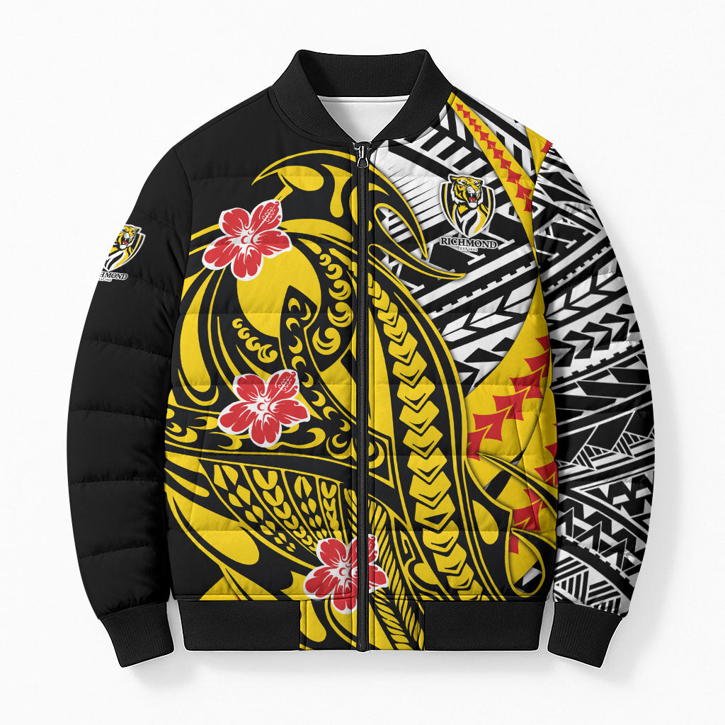 Personalized Richmond Tigers Bomber Puffer Jacket Polynesian Tribal Tiger Mascot With Hibiscus Floral Art