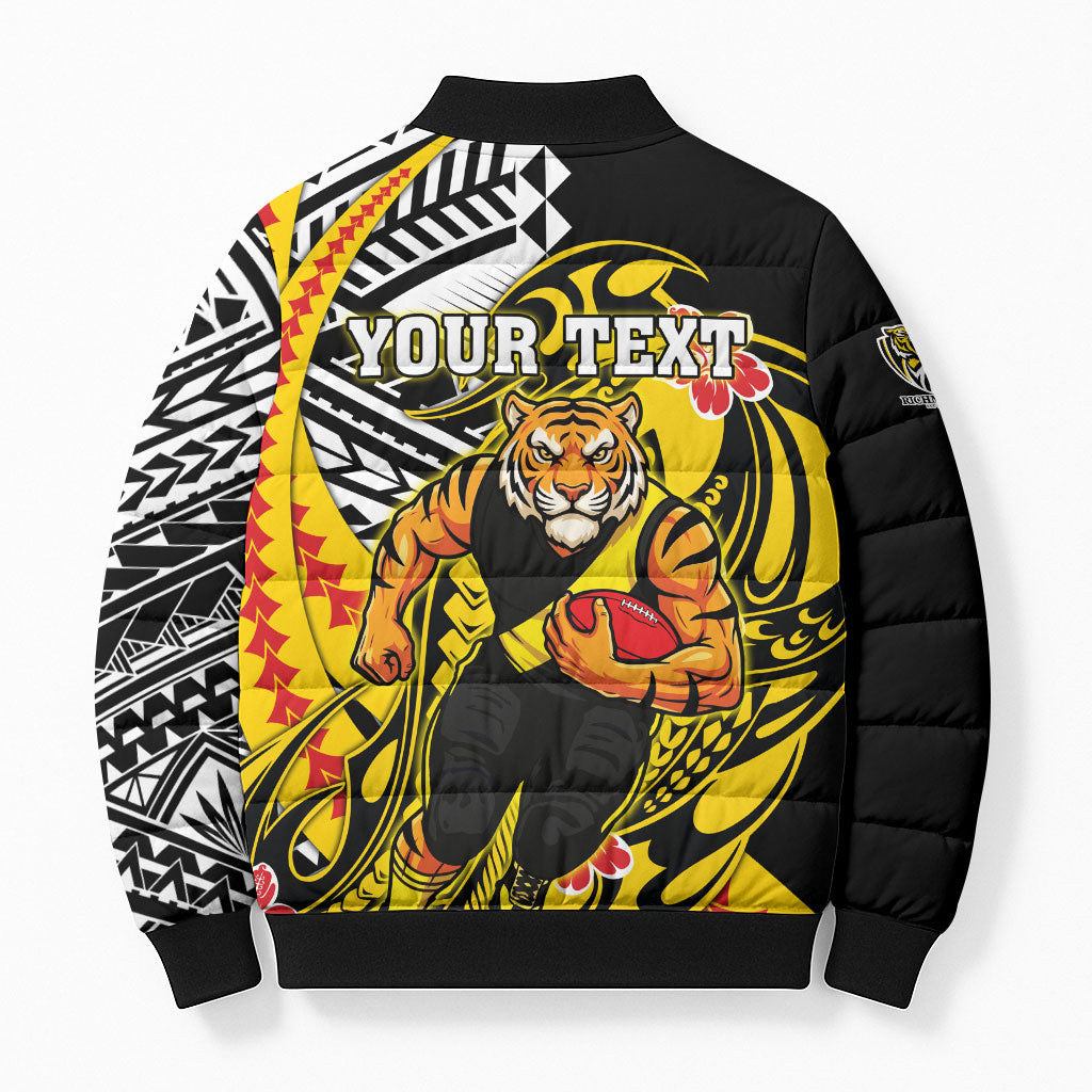 Personalized Richmond Tigers Bomber Puffer Jacket Polynesian Tribal Tiger Mascot With Hibiscus Floral Art