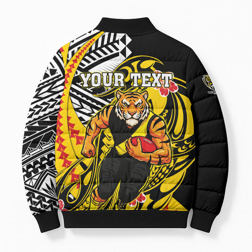 Personalized Richmond Tigers Bomber Puffer Jacket Polynesian Tribal Tiger Mascot With Hibiscus Floral Art