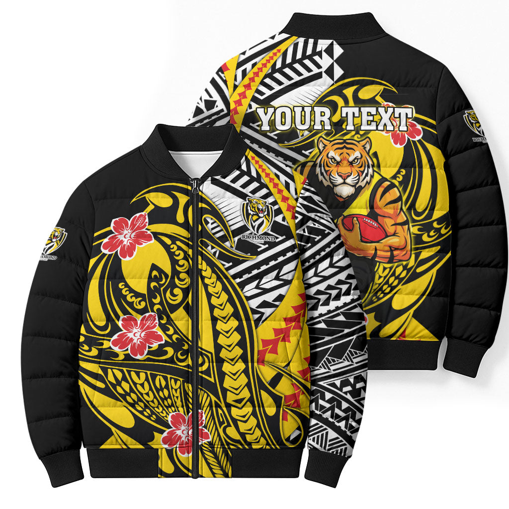 Personalized Richmond Tigers Bomber Puffer Jacket Polynesian Tribal Tiger Mascot With Hibiscus Floral Art
