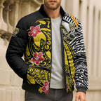 Personalized Richmond Tigers Bomber Puffer Jacket Polynesian Tribal Tiger Mascot With Hibiscus Floral Art
