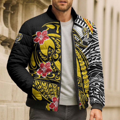 Personalized Richmond Tigers Bomber Puffer Jacket Polynesian Tribal Tiger Mascot With Hibiscus Floral Art