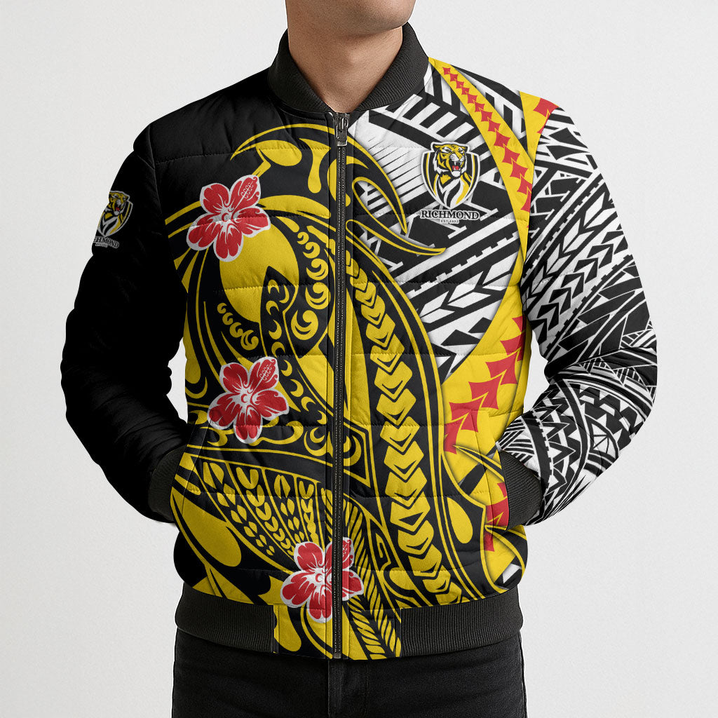 Personalized Richmond Tigers Bomber Puffer Jacket Polynesian Tribal Tiger Mascot With Hibiscus Floral Art