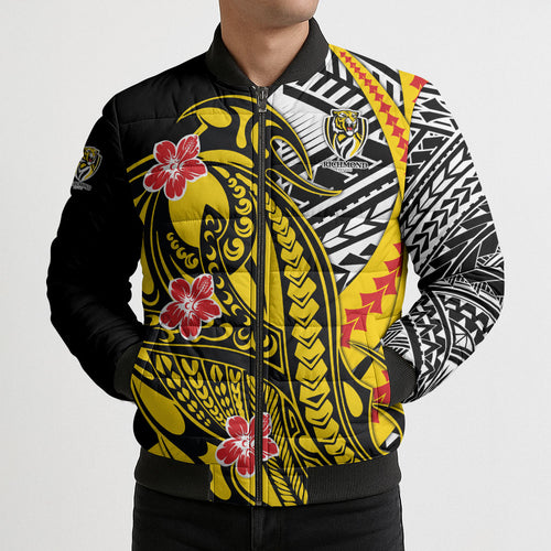 Personalized Richmond Tigers Bomber Puffer Jacket Polynesian Tribal Tiger Mascot With Hibiscus Floral Art