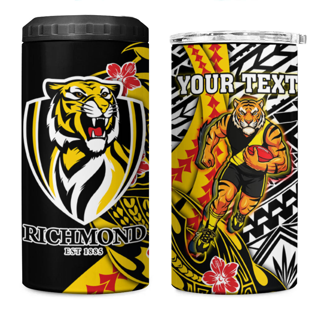 Personalized Richmond Tigers 4 in 1 Can Cooler Tumbler Polynesian Tribal Tiger Mascot With Hibiscus Floral Art