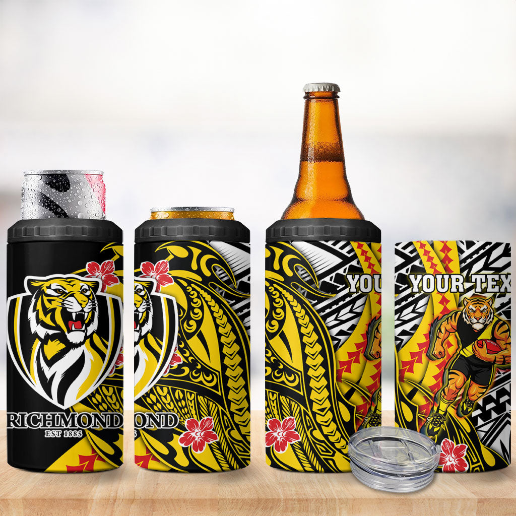 Personalized Richmond Tigers 4 in 1 Can Cooler Tumbler Polynesian Tribal Tiger Mascot With Hibiscus Floral Art