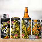 Personalized Richmond Tigers 4 in 1 Can Cooler Tumbler Polynesian Tribal Tiger Mascot With Hibiscus Floral Art