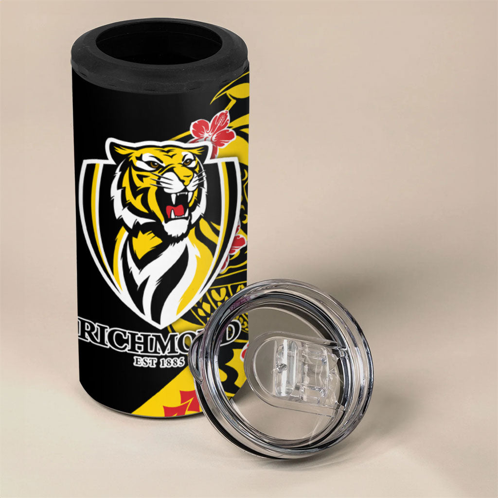 Personalized Richmond Tigers 4 in 1 Can Cooler Tumbler Polynesian Tribal Tiger Mascot With Hibiscus Floral Art