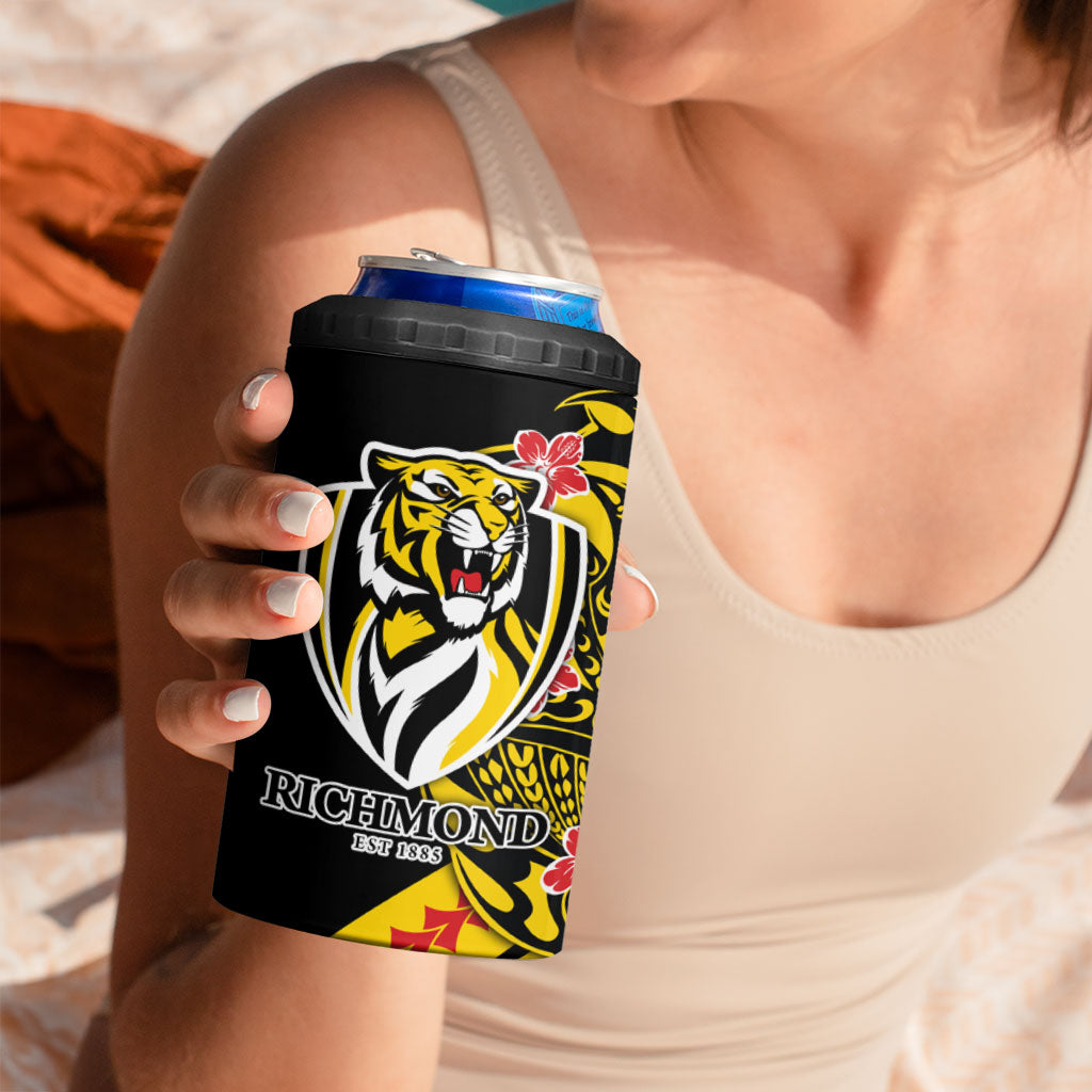 Personalized Richmond Tigers 4 in 1 Can Cooler Tumbler Polynesian Tribal Tiger Mascot With Hibiscus Floral Art