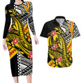Personalized Richmond Tigers Couples Matching Long Sleeve Bodycon Dress and Hawaiian Shirt Polynesian Tribal Tiger Mascot With Hibiscus Floral Art