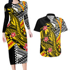 Personalized Richmond Tigers Couples Matching Long Sleeve Bodycon Dress and Hawaiian Shirt Polynesian Tribal Tiger Mascot With Hibiscus Floral Art