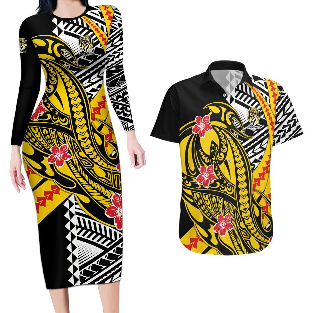 Personalized Richmond Tigers Couples Matching Long Sleeve Bodycon Dress and Hawaiian Shirt Polynesian Tribal Tiger Mascot With Hibiscus Floral Art