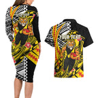 Personalized Richmond Tigers Couples Matching Long Sleeve Bodycon Dress and Hawaiian Shirt Polynesian Tribal Tiger Mascot With Hibiscus Floral Art