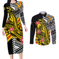 Personalized Richmond Tigers Couples Matching Long Sleeve Bodycon Dress and Long Sleeve Button Shirt Polynesian Tribal Tiger Mascot With Hibiscus Floral Art