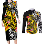 Personalized Richmond Tigers Couples Matching Long Sleeve Bodycon Dress and Long Sleeve Button Shirt Polynesian Tribal Tiger Mascot With Hibiscus Floral Art