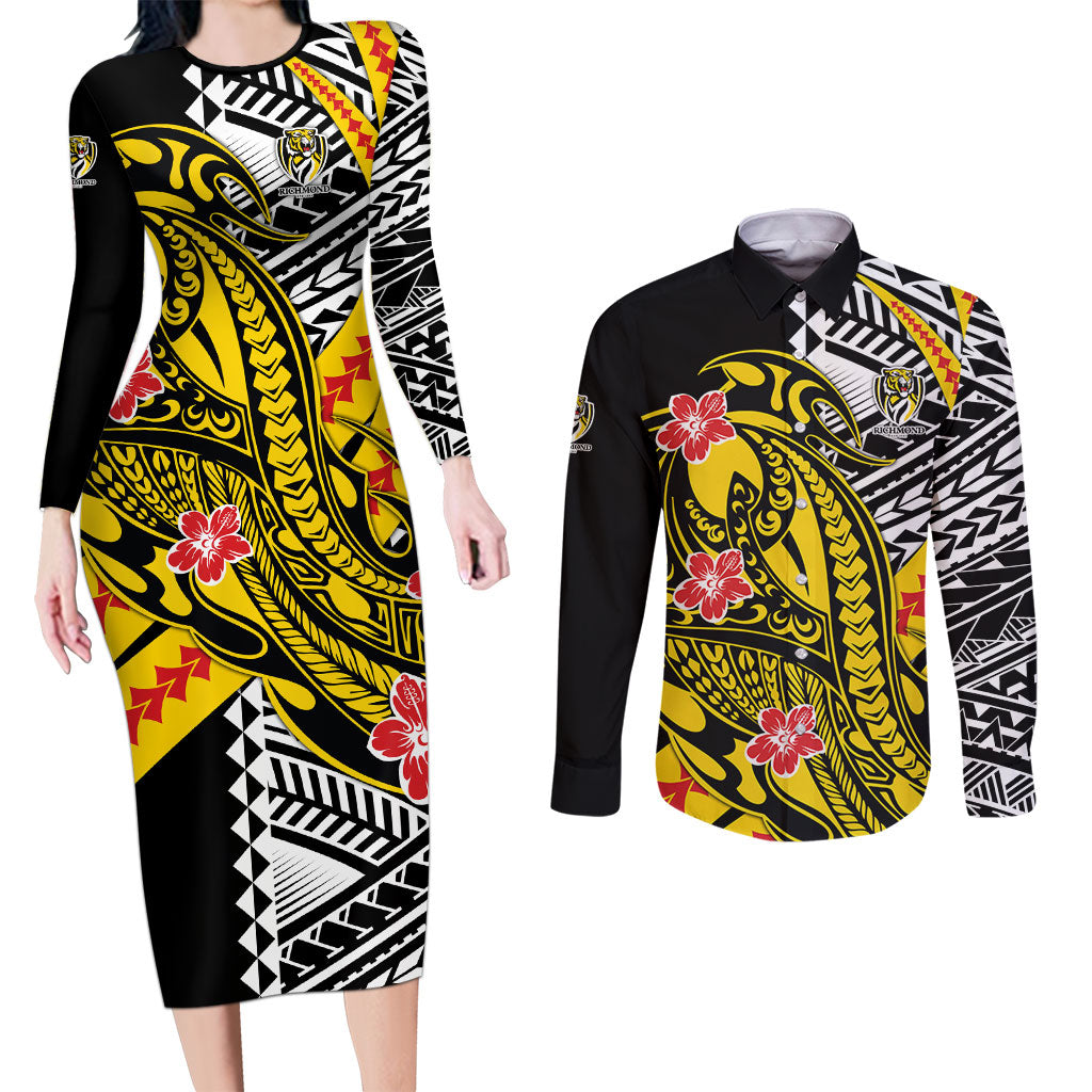 Personalized Richmond Tigers Couples Matching Long Sleeve Bodycon Dress and Long Sleeve Button Shirt Polynesian Tribal Tiger Mascot With Hibiscus Floral Art