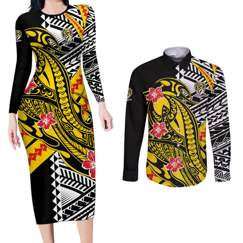Personalized Richmond Tigers Couples Matching Long Sleeve Bodycon Dress and Long Sleeve Button Shirt Polynesian Tribal Tiger Mascot With Hibiscus Floral Art