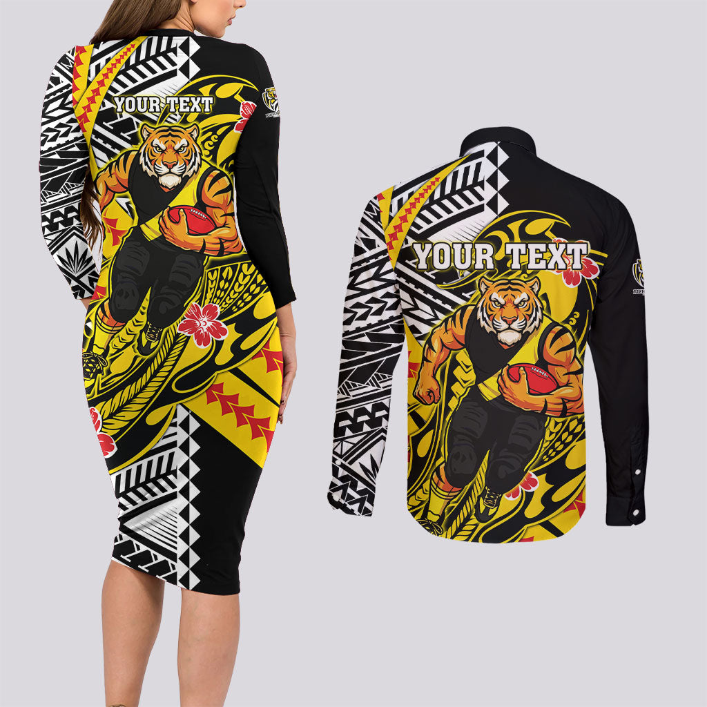 Personalized Richmond Tigers Couples Matching Long Sleeve Bodycon Dress and Long Sleeve Button Shirt Polynesian Tribal Tiger Mascot With Hibiscus Floral Art
