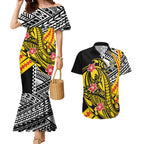 Personalized Richmond Tigers Couples Matching Mermaid Dress and Hawaiian Shirt Polynesian Tribal Tiger Mascot With Hibiscus Floral Art