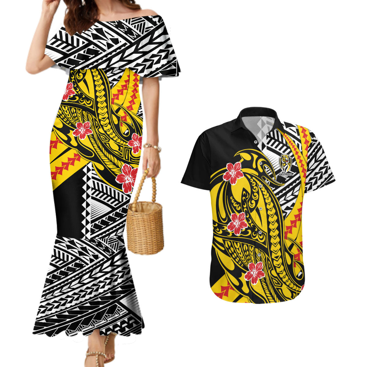 Personalized Richmond Tigers Couples Matching Mermaid Dress and Hawaiian Shirt Polynesian Tribal Tiger Mascot With Hibiscus Floral Art
