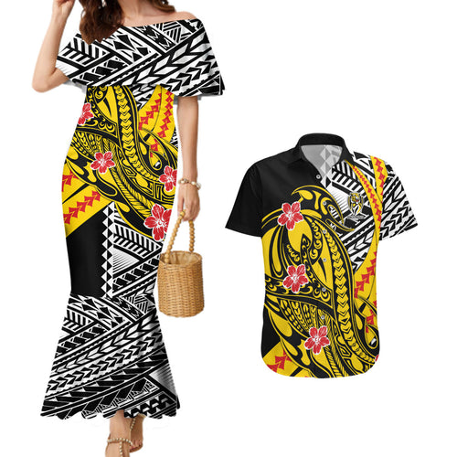 Personalized Richmond Tigers Couples Matching Mermaid Dress and Hawaiian Shirt Polynesian Tribal Tiger Mascot With Hibiscus Floral Art