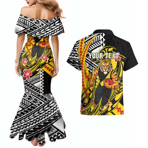 Personalized Richmond Tigers Couples Matching Mermaid Dress and Hawaiian Shirt Polynesian Tribal Tiger Mascot With Hibiscus Floral Art