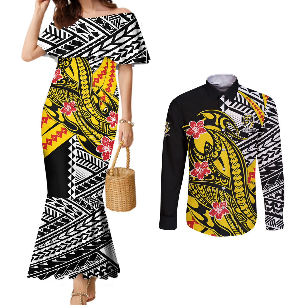 Personalized Richmond Tigers Couples Matching Mermaid Dress and Long Sleeve Button Shirt Polynesian Tribal Tiger Mascot With Hibiscus Floral Art