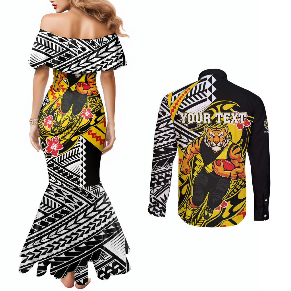 Personalized Richmond Tigers Couples Matching Mermaid Dress and Long Sleeve Button Shirt Polynesian Tribal Tiger Mascot With Hibiscus Floral Art