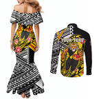 Personalized Richmond Tigers Couples Matching Mermaid Dress and Long Sleeve Button Shirt Polynesian Tribal Tiger Mascot With Hibiscus Floral Art