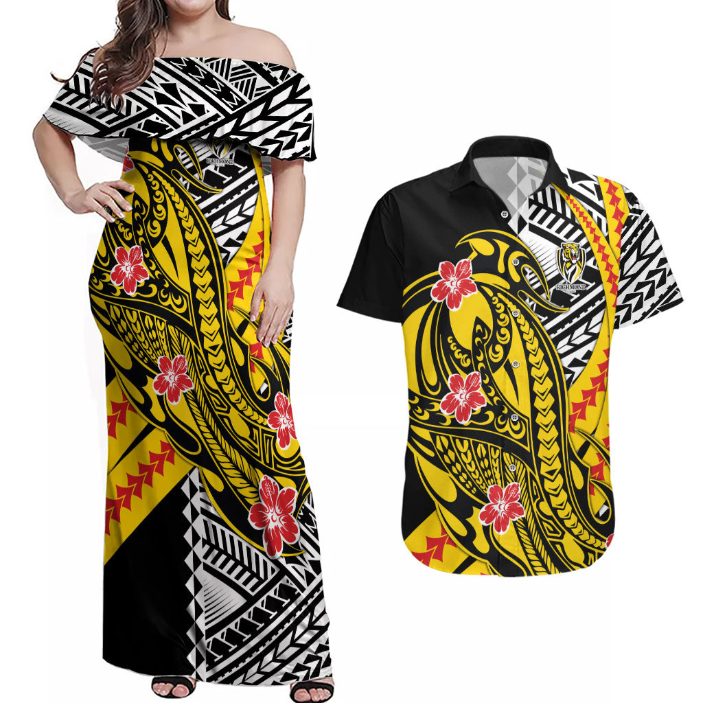 Personalized Richmond Tigers Couples Matching Off Shoulder Maxi Dress and Hawaiian Shirt Polynesian Tribal Tiger Mascot With Hibiscus Floral Art
