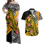 Personalized Richmond Tigers Couples Matching Off Shoulder Maxi Dress and Hawaiian Shirt Polynesian Tribal Tiger Mascot With Hibiscus Floral Art