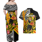Personalized Richmond Tigers Couples Matching Off Shoulder Maxi Dress and Hawaiian Shirt Polynesian Tribal Tiger Mascot With Hibiscus Floral Art