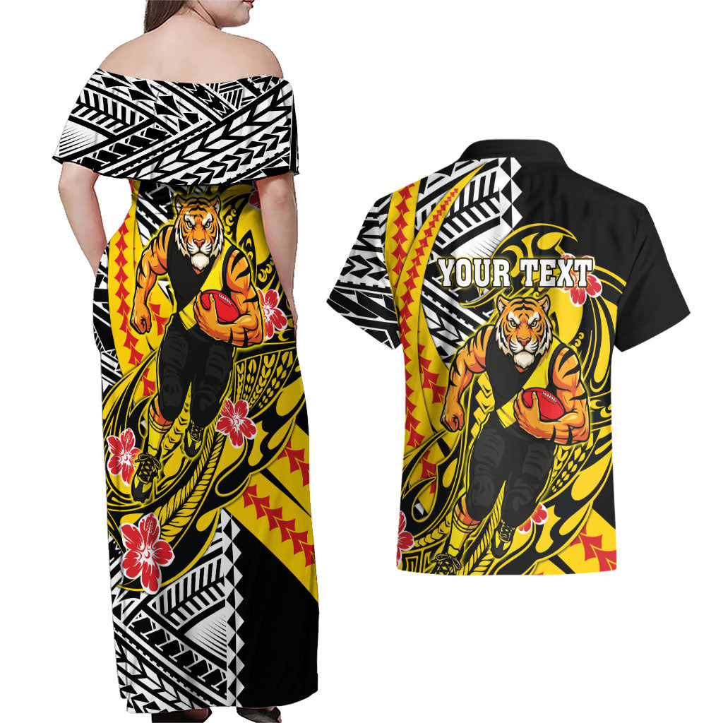 Personalized Richmond Tigers Couples Matching Off Shoulder Maxi Dress and Hawaiian Shirt Polynesian Tribal Tiger Mascot With Hibiscus Floral Art