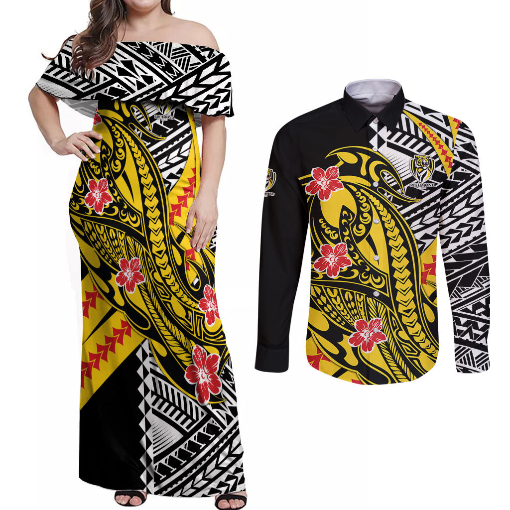 Personalized Richmond Tigers Couples Matching Off Shoulder Maxi Dress and Long Sleeve Button Shirt Polynesian Tribal Tiger Mascot With Hibiscus Floral Art
