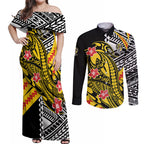 Personalized Richmond Tigers Couples Matching Off Shoulder Maxi Dress and Long Sleeve Button Shirt Polynesian Tribal Tiger Mascot With Hibiscus Floral Art