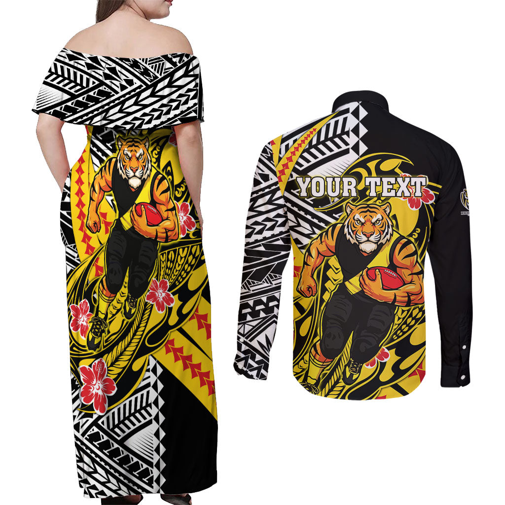 Personalized Richmond Tigers Couples Matching Off Shoulder Maxi Dress and Long Sleeve Button Shirt Polynesian Tribal Tiger Mascot With Hibiscus Floral Art
