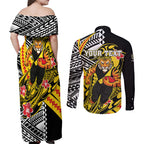 Personalized Richmond Tigers Couples Matching Off Shoulder Maxi Dress and Long Sleeve Button Shirt Polynesian Tribal Tiger Mascot With Hibiscus Floral Art