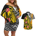 Personalized Richmond Tigers Couples Matching Off Shoulder Short Dress and Hawaiian Shirt Polynesian Tribal Tiger Mascot With Hibiscus Floral Art