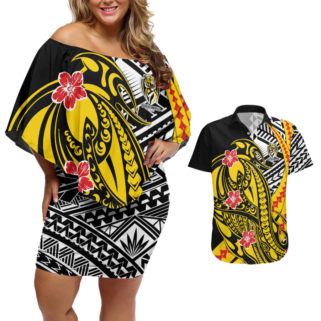 Personalized Richmond Tigers Couples Matching Off Shoulder Short Dress and Hawaiian Shirt Polynesian Tribal Tiger Mascot With Hibiscus Floral Art