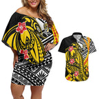 Personalized Richmond Tigers Couples Matching Off Shoulder Short Dress and Hawaiian Shirt Polynesian Tribal Tiger Mascot With Hibiscus Floral Art