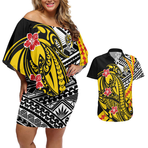 Personalized Richmond Tigers Couples Matching Off Shoulder Short Dress and Hawaiian Shirt Polynesian Tribal Tiger Mascot With Hibiscus Floral Art