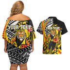 Personalized Richmond Tigers Couples Matching Off Shoulder Short Dress and Hawaiian Shirt Polynesian Tribal Tiger Mascot With Hibiscus Floral Art
