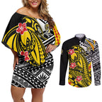 Personalized Richmond Tigers Couples Matching Off Shoulder Short Dress and Long Sleeve Button Shirt Polynesian Tribal Tiger Mascot With Hibiscus Floral Art