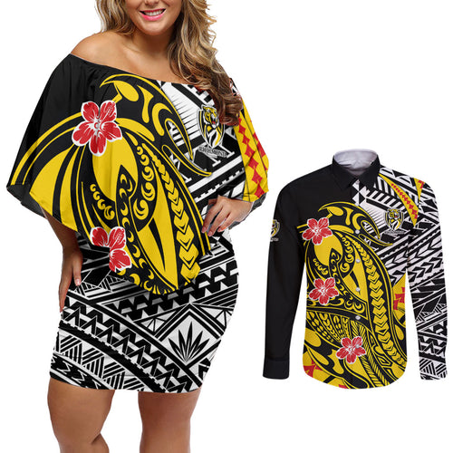 Personalized Richmond Tigers Couples Matching Off Shoulder Short Dress and Long Sleeve Button Shirt Polynesian Tribal Tiger Mascot With Hibiscus Floral Art
