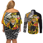 Personalized Richmond Tigers Couples Matching Off Shoulder Short Dress and Long Sleeve Button Shirt Polynesian Tribal Tiger Mascot With Hibiscus Floral Art