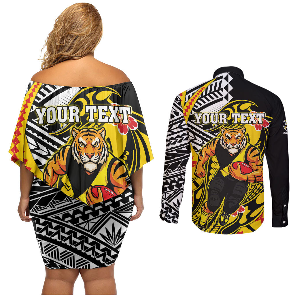 Personalized Richmond Tigers Couples Matching Off Shoulder Short Dress and Long Sleeve Button Shirt Polynesian Tribal Tiger Mascot With Hibiscus Floral Art